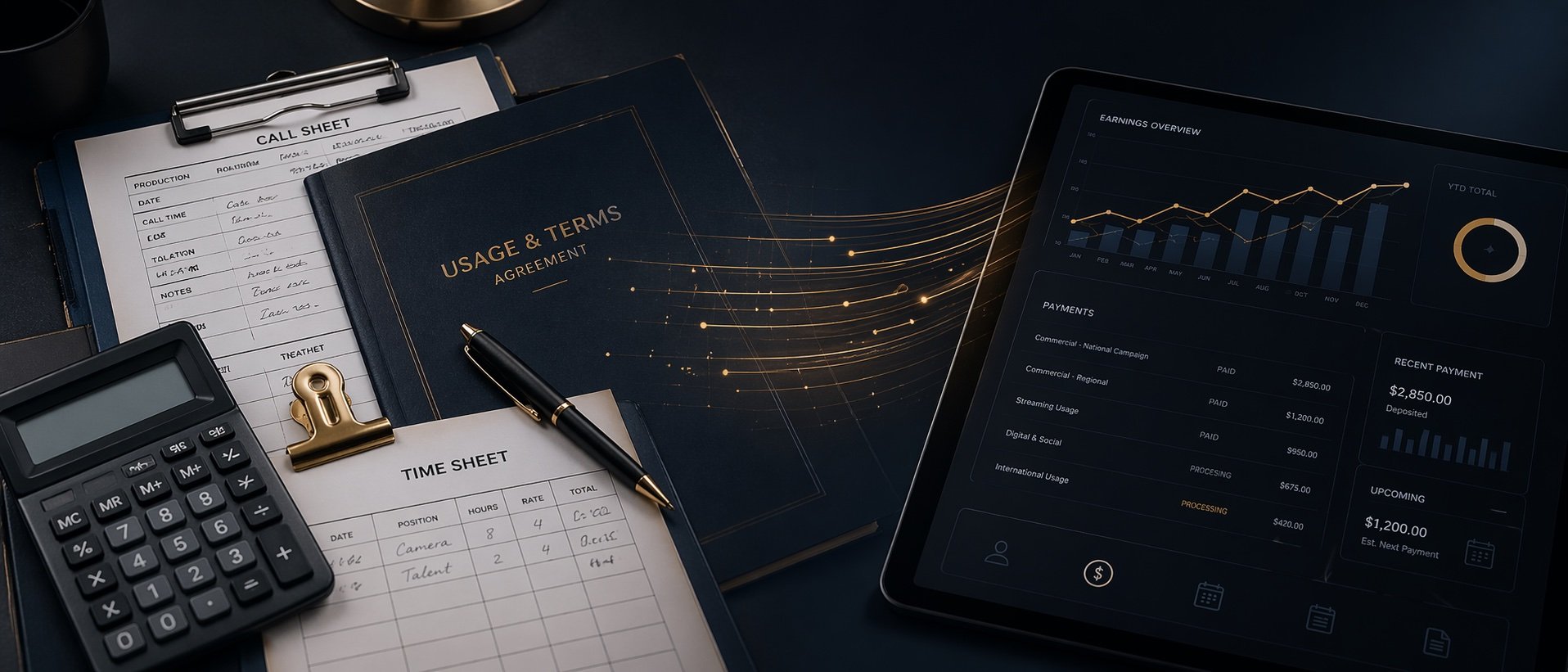 Call sheet, contract, time sheet, calculator, and earnings dashboard on a desk