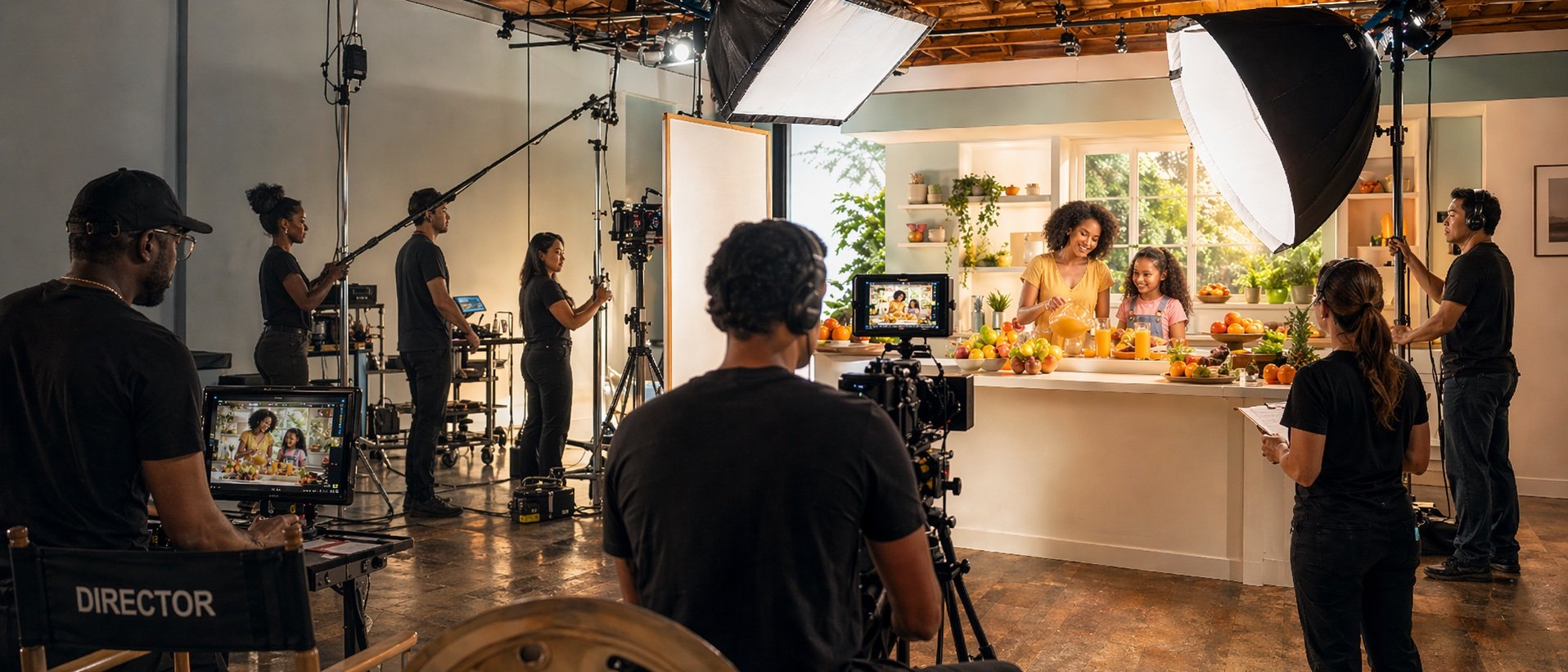 On a commercial set — crew, cameras, and talent at work
