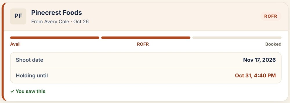 A ROFR from your agent, showing avail, ROFR and booked